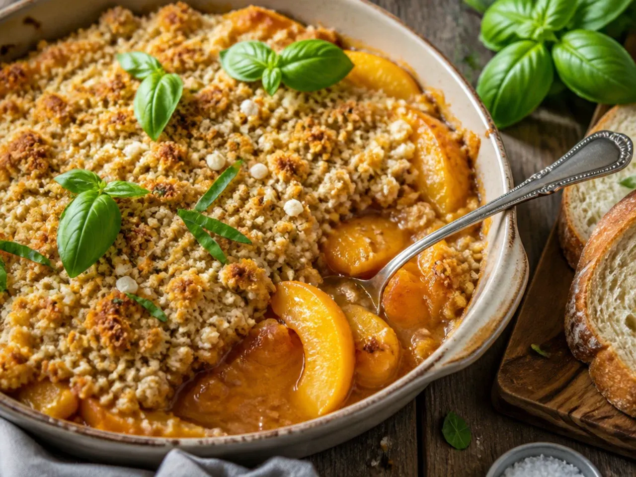 A golden, deeply browned peach crisp finished with a sprinkle of flaky sea salt.
