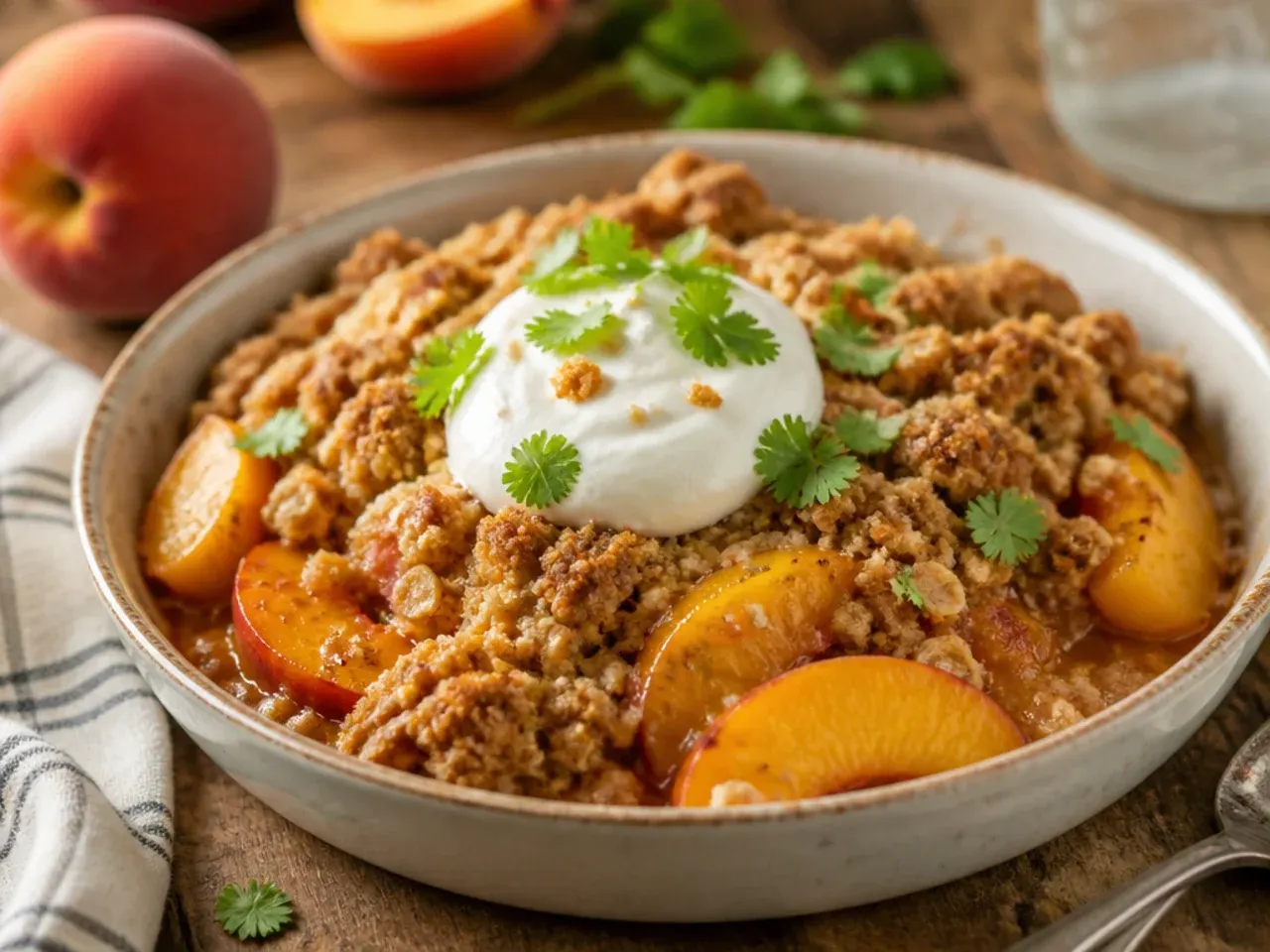 Individual ramekins of peach crisp being placed into an air fryer basket.