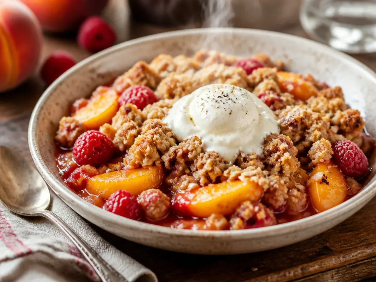 A peach and raspberry crisp with a vivid pink-red filling bubbling under the crumble topping.