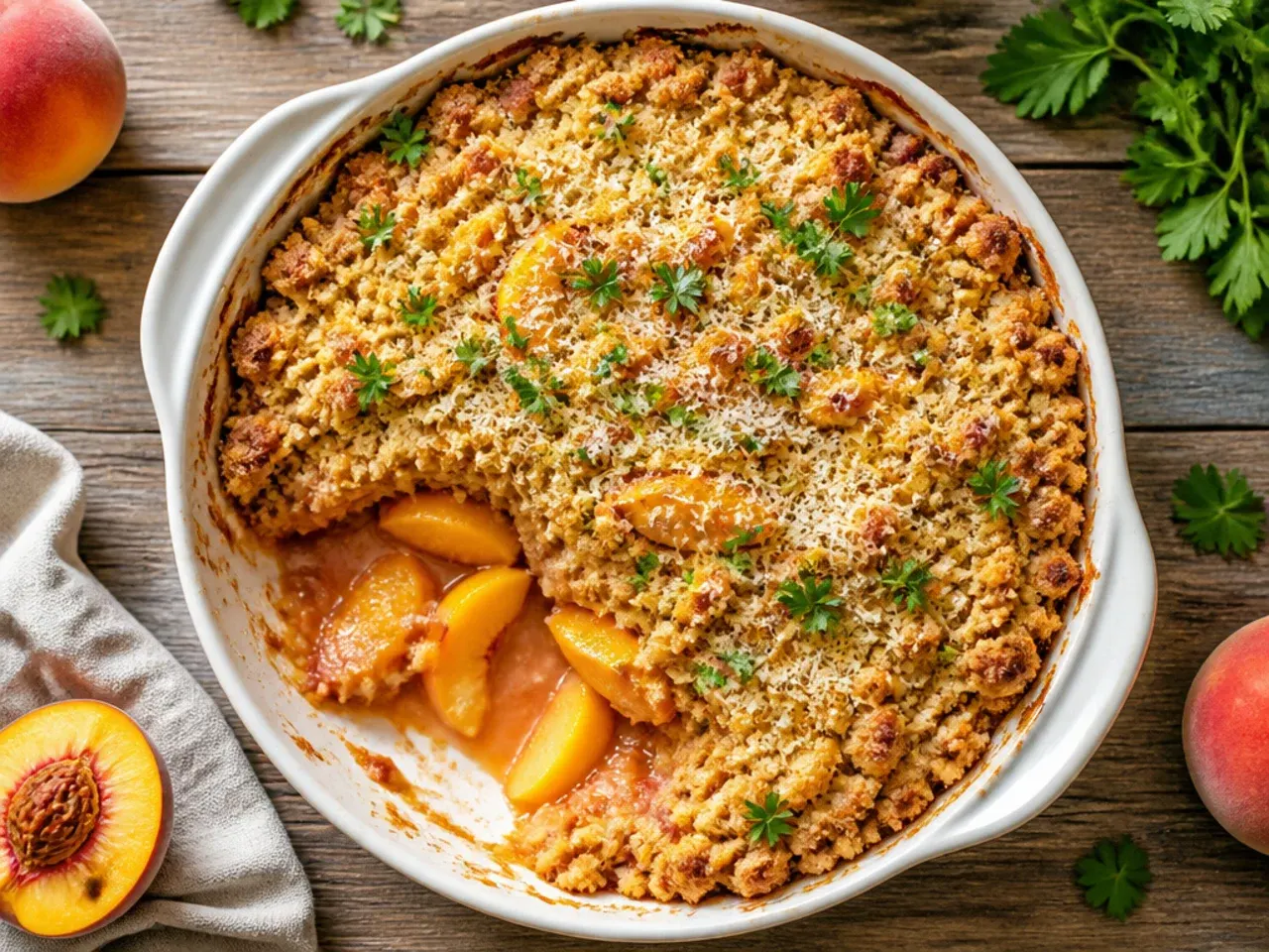 A gluten-free peach crisp topping made with a 1:1 flour blend and certified gluten-free oats.