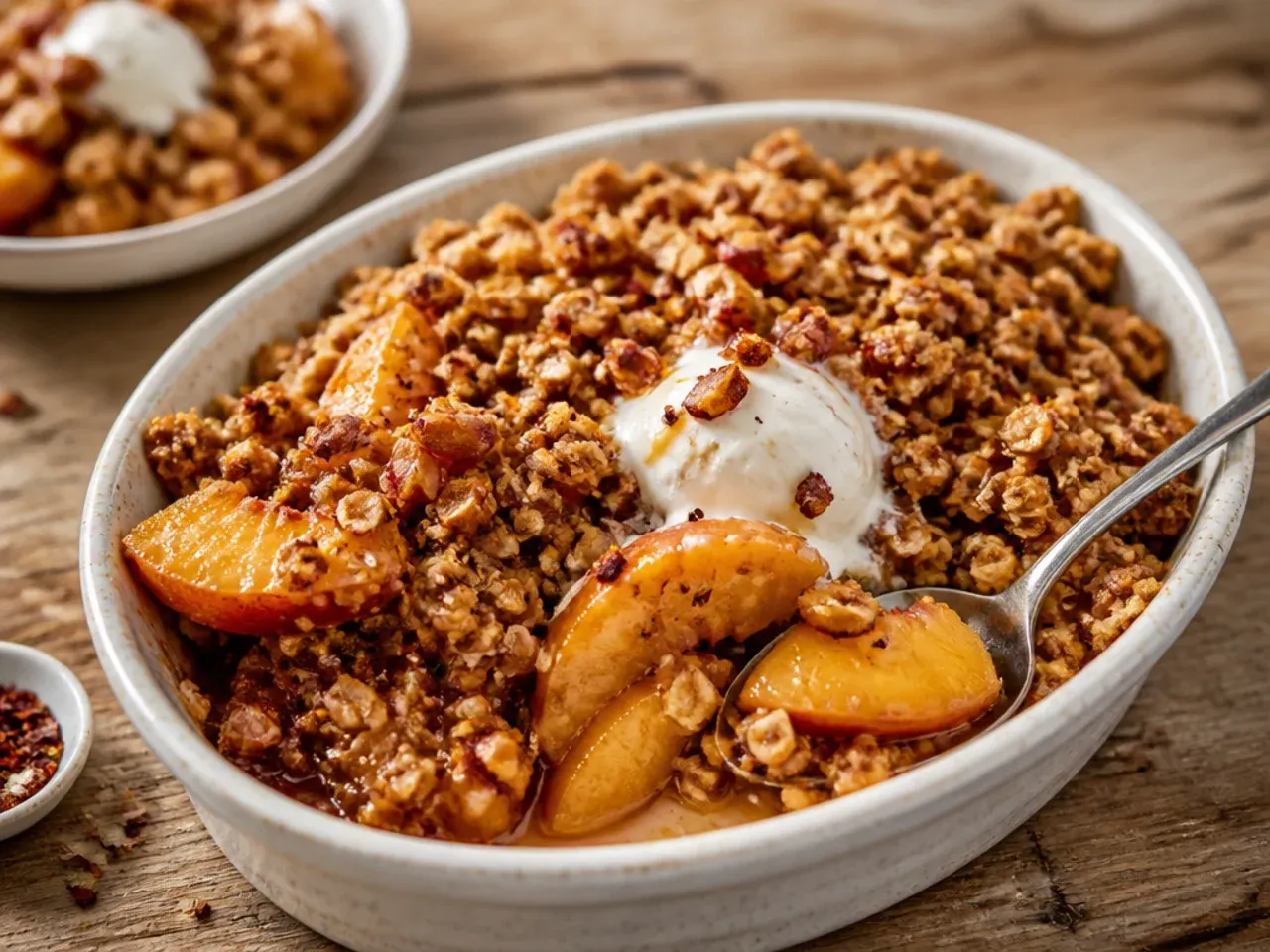 A vegan peach crisp topping made with chilled coconut oil cubes mixed into oats and flour.