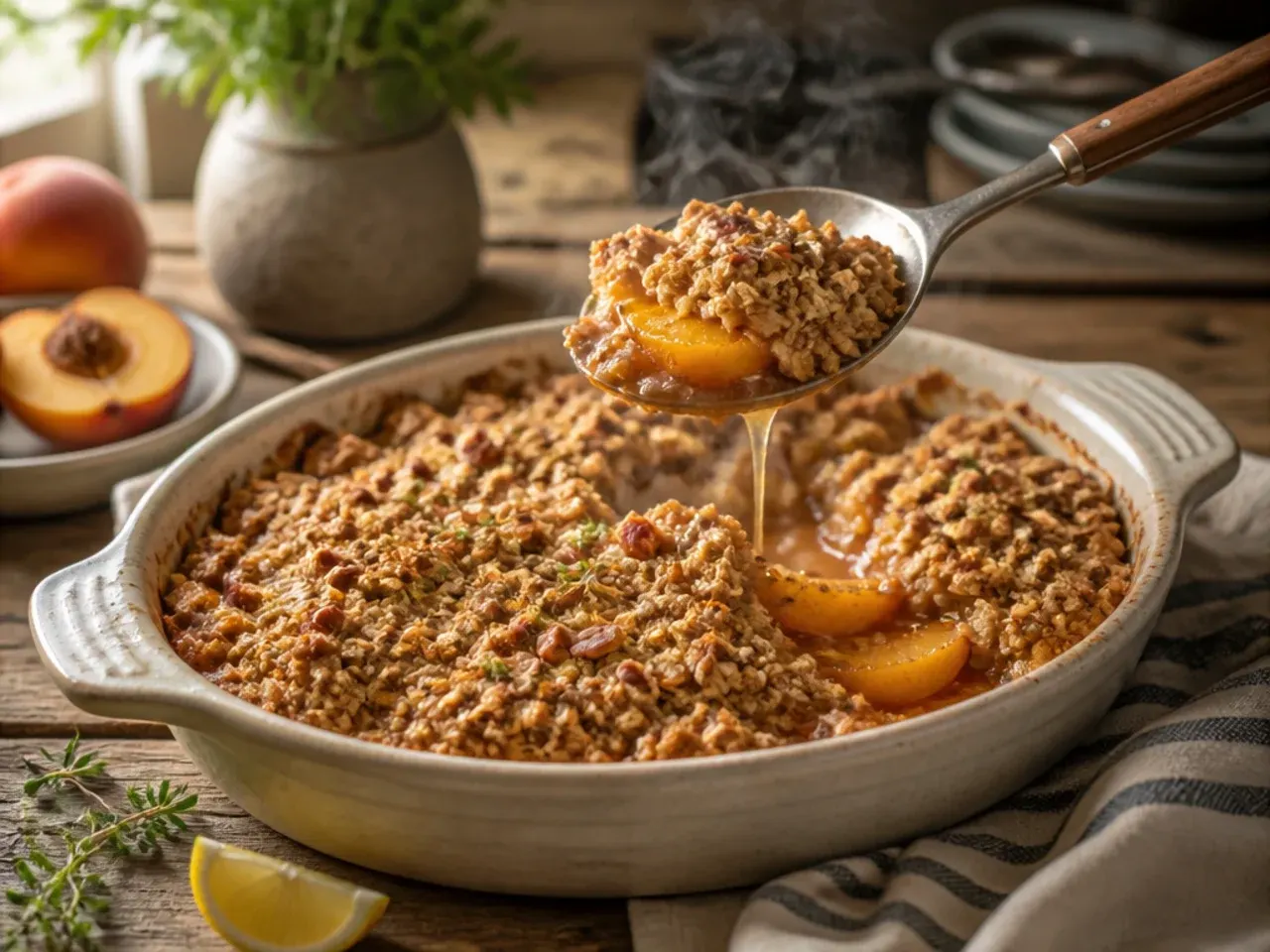 Chunky granola topping being scattered over sliced peaches in a baking dish.