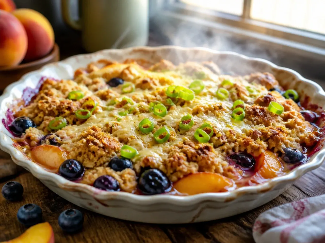 A peach and blueberry crisp with a deep purple-blue filling bubbling beneath the topping.