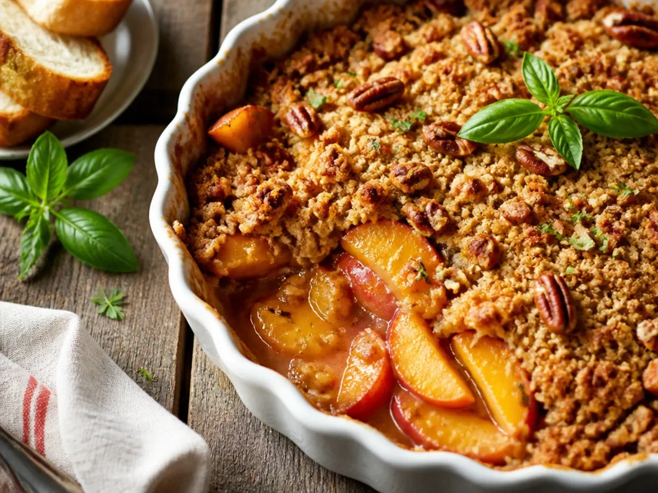 A maple pecan peach crisp with chopped pecans visible in the golden crumble topping.