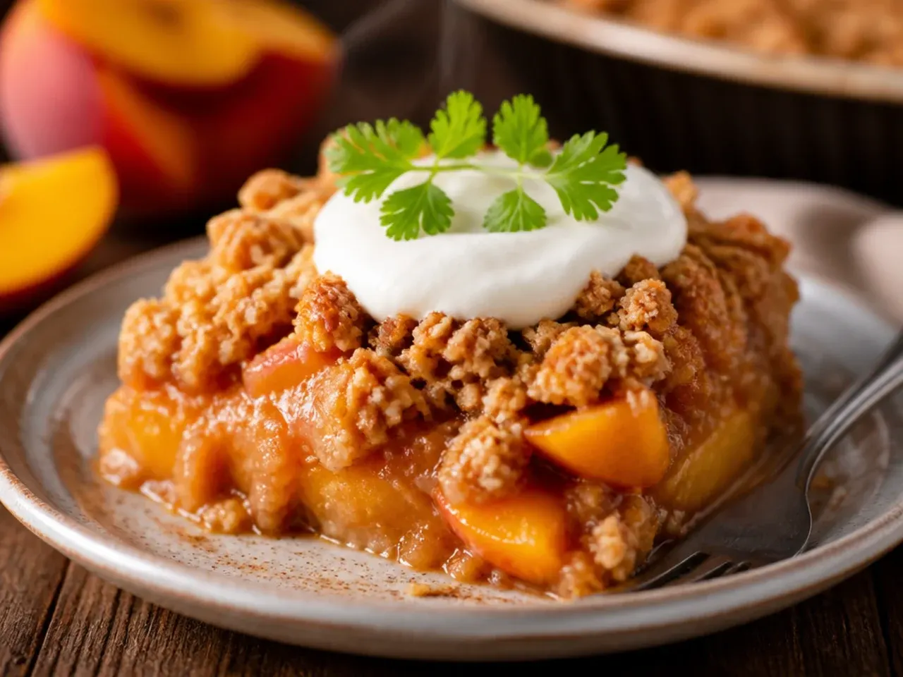 Neatly sliced peach crisp bars stacked on a plate, showing the crumble base and top layers.