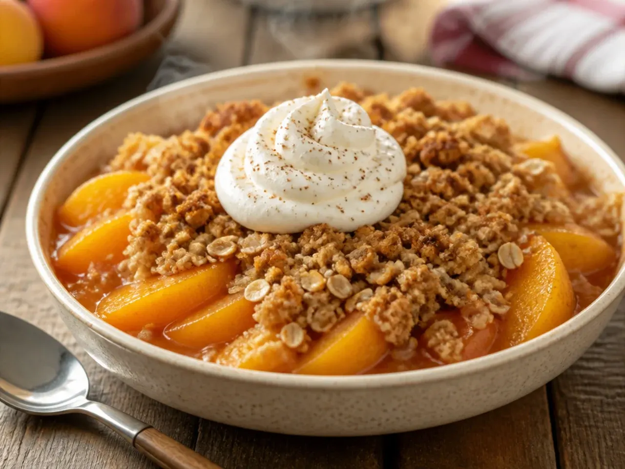Thawed frozen peach slices draining in a sieve before being mixed into the crisp filling.