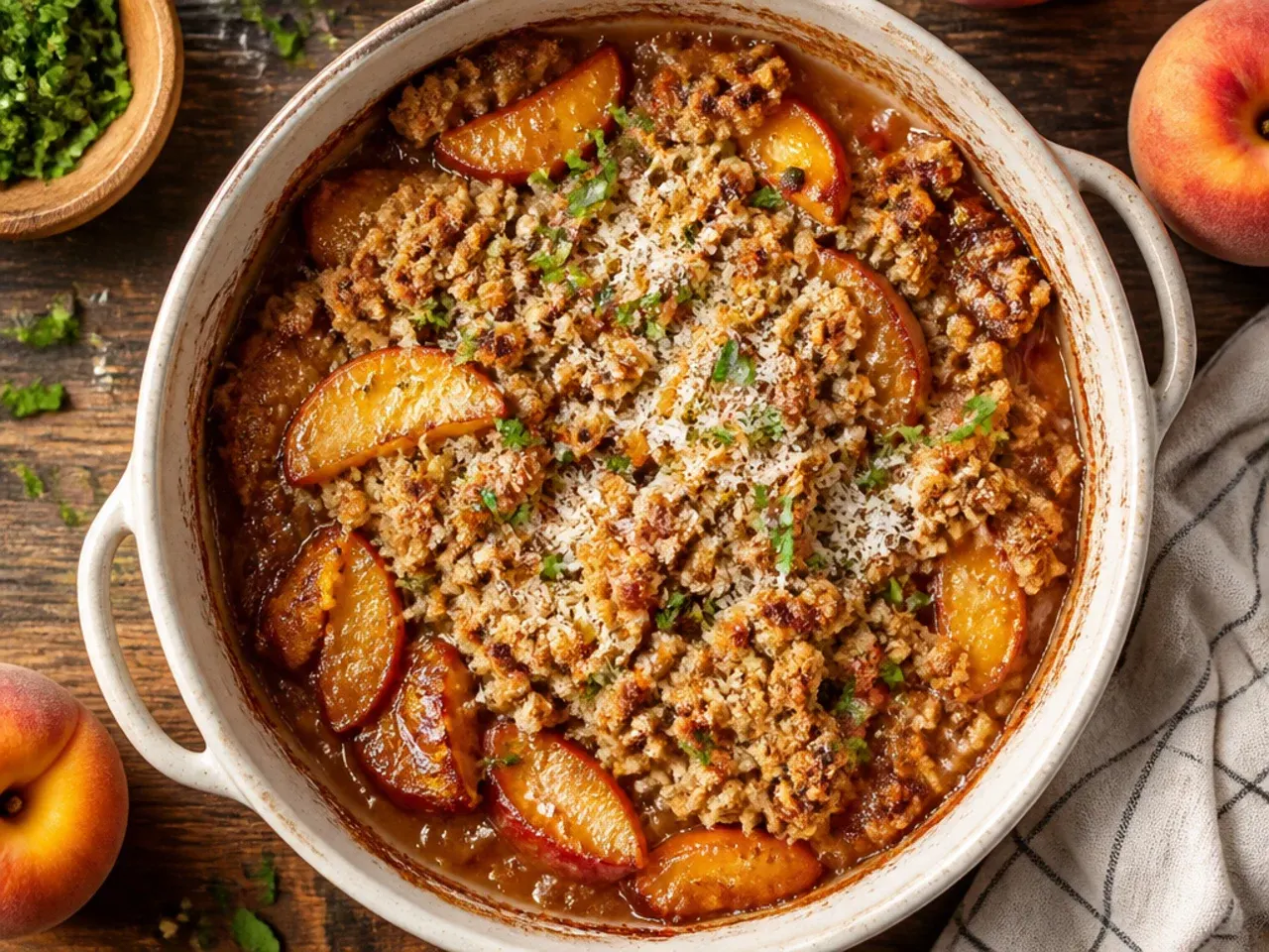 A slow cooker insert filled with peach crisp filling and crumble topping mid-cook.
