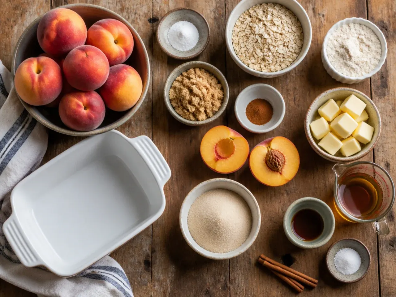 Hands sprinkling cornstarch over sliced peaches before mixing in sugar, showing proper technique.