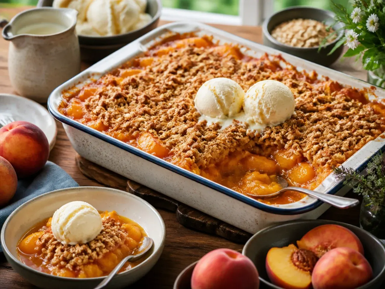 A warm bowl of peach crisp topped with a melting scoop of vanilla ice cream.