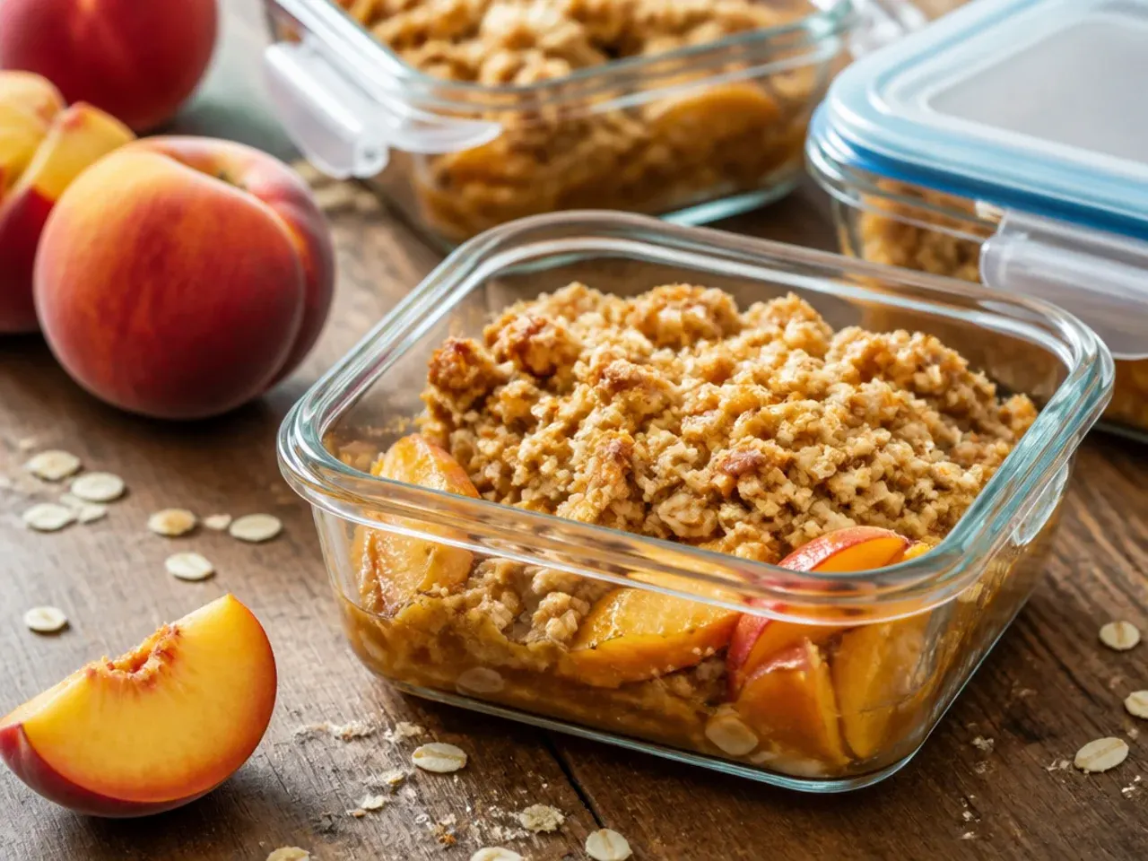 Leftover peach crisp portioned into an airtight container ready for the fridge or freezer.