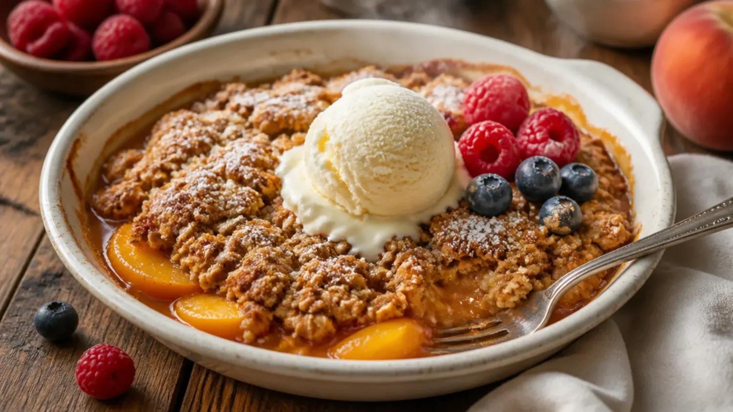 Golden-brown peach oatmeal crisp in a baking dish with a scoop of vanilla ice cream melting on top
