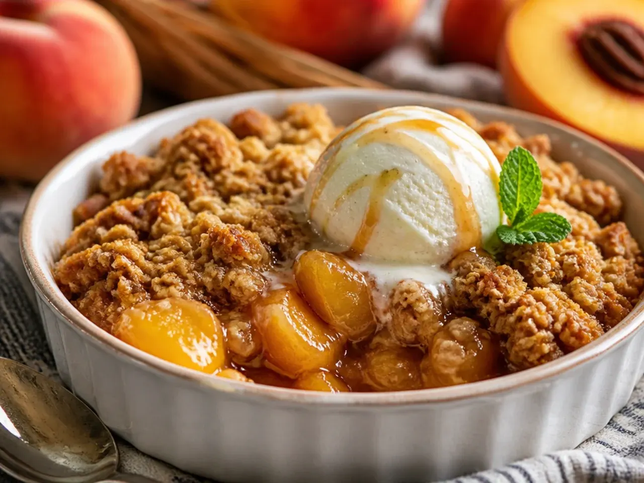 Overhead shot of a bubbling peach oatmeal crisp fresh out of the oven