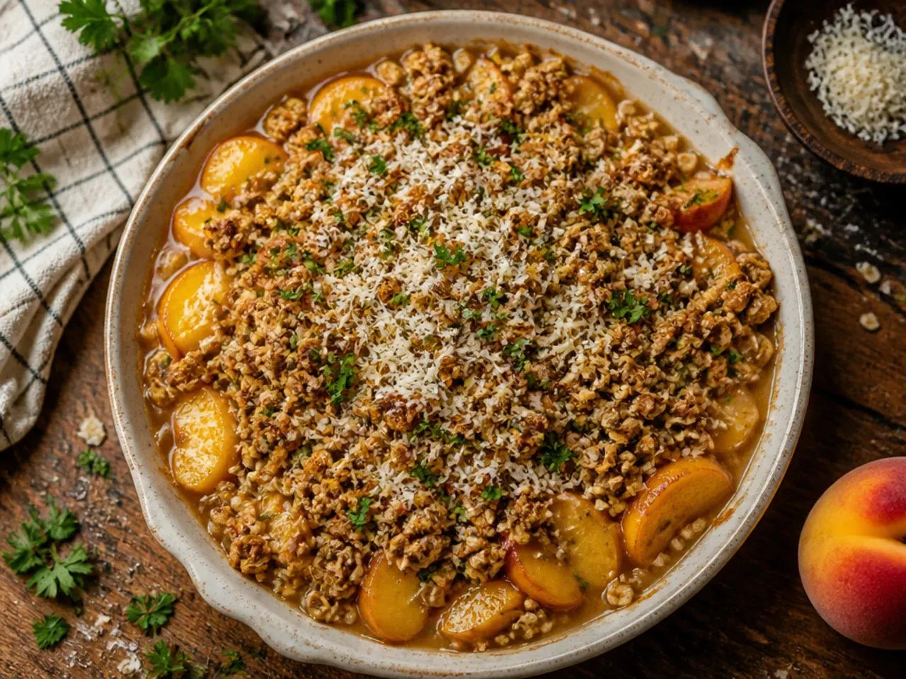 Classic peach oatmeal crisp in a white ceramic baking dish with a golden oat topping