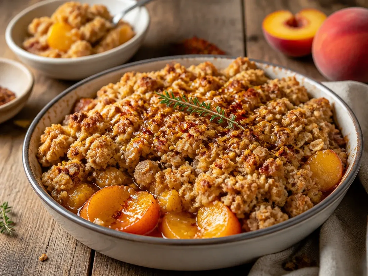 Hands mixing peach oatmeal crisp filling and topping in one large mixing bowl