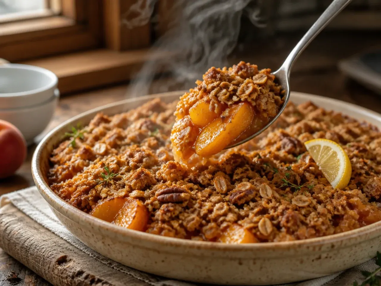 Spiced peach oatmeal crisp topped with a cinnamon stick and served warm