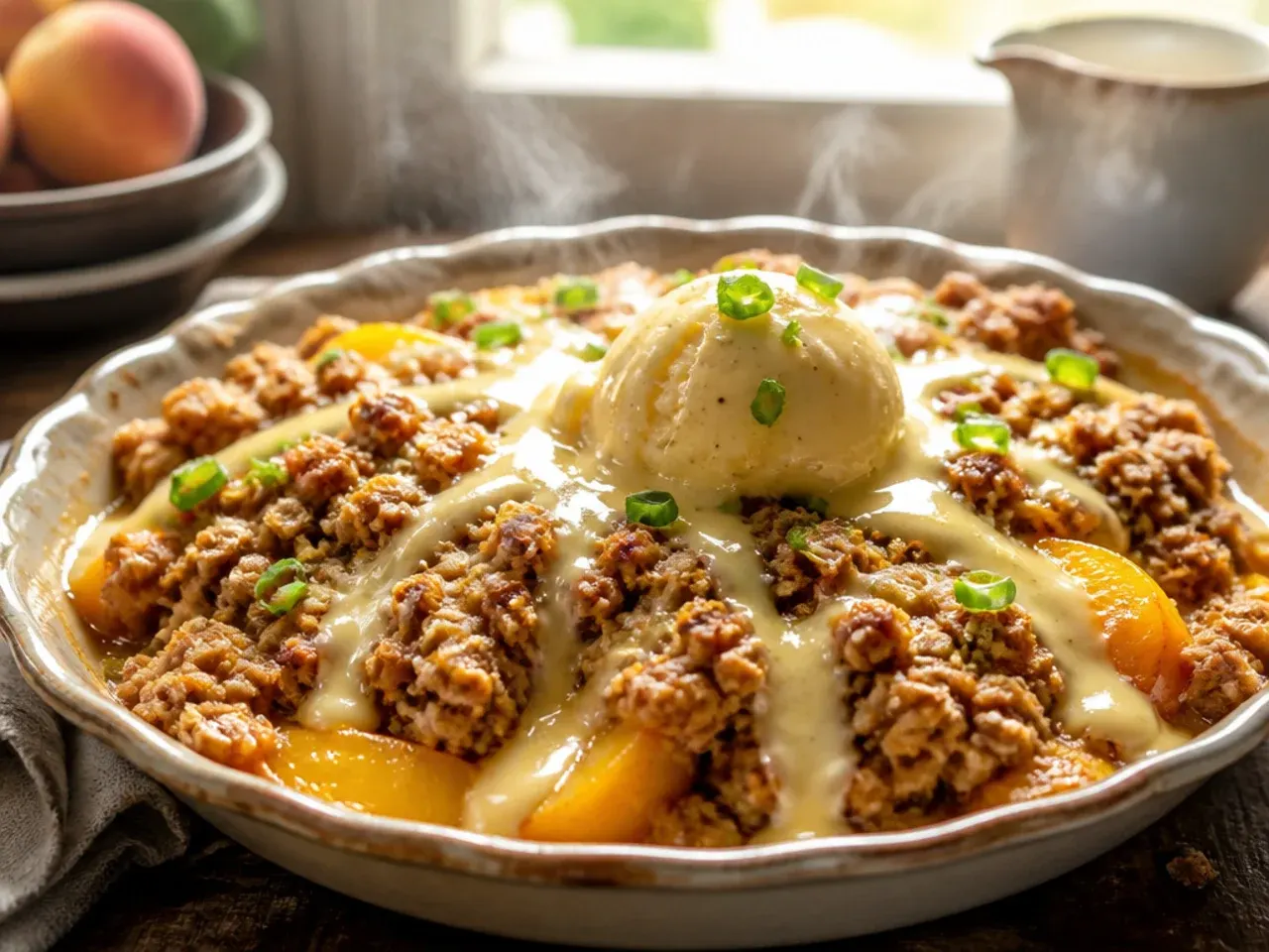 A bowl of peach oatmeal crisp with warm vanilla custard being poured over the top