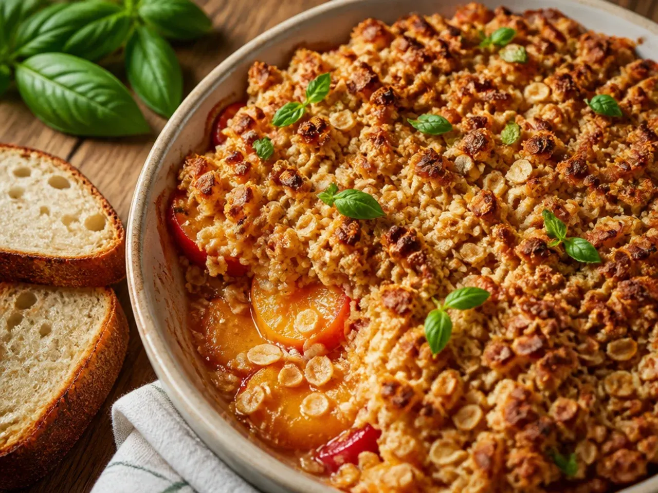 Six simple ingredients for peach oatmeal crisp laid out on a kitchen counter