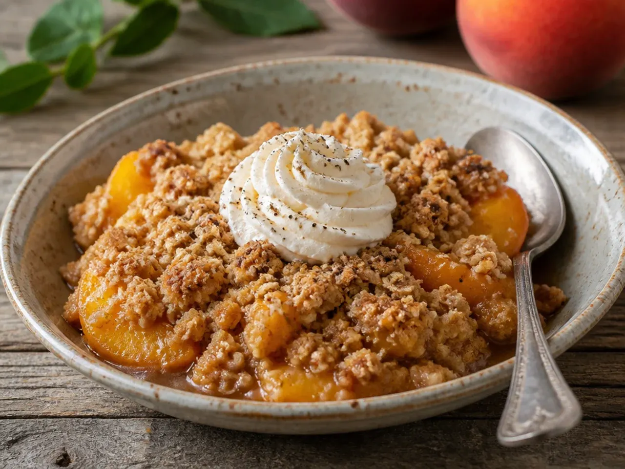 Wholesome peach oatmeal crisp with a rustic wholemeal oat topping in a baking dish