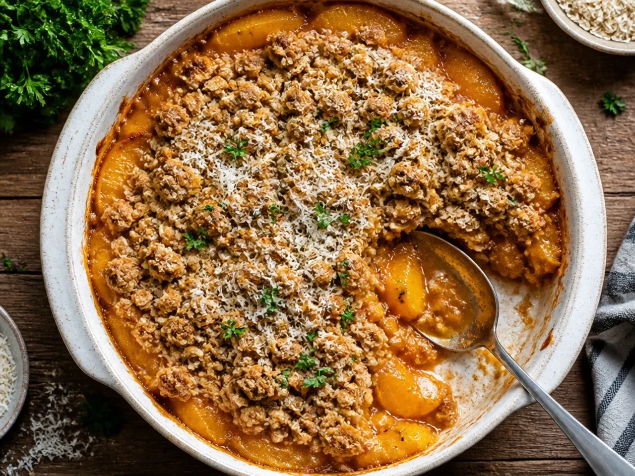 Budget peach oatmeal crisp made with drained tinned peach slices and oat topping