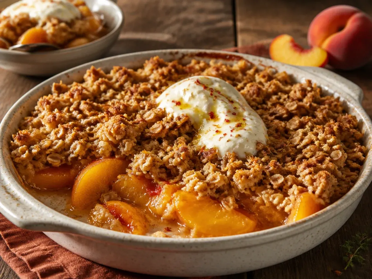 Individual ramekins of weeknight peach oatmeal crisp fresh from the oven