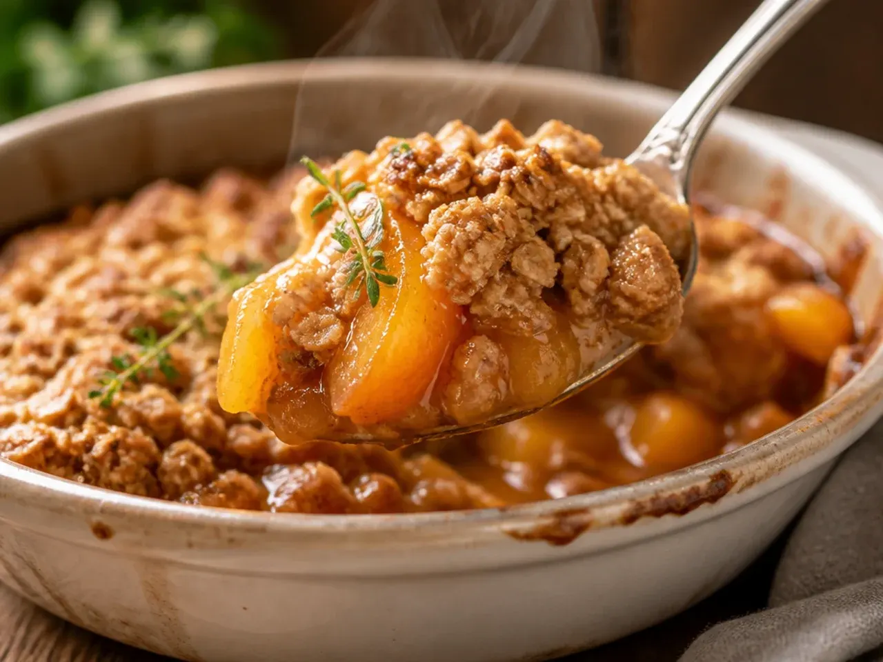 Rustic peach oatmeal crisp baked and served straight from a cast-iron skillet