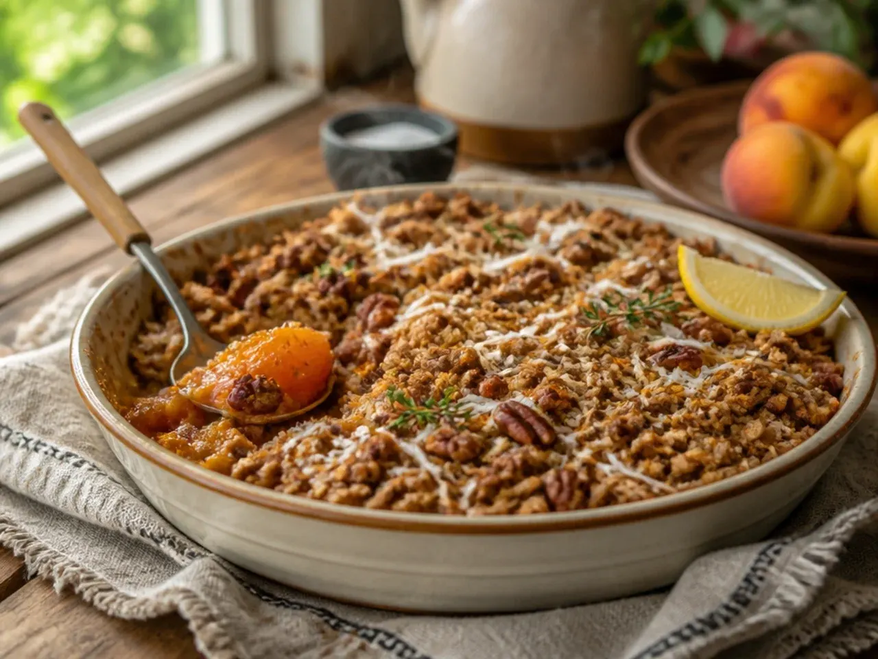 Loaded peach oatmeal crisp topped with toasted pecans and golden coconut
