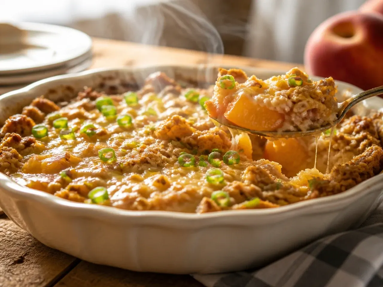 Large family-sized peach oatmeal crisp in a 9x13 inch baking dish