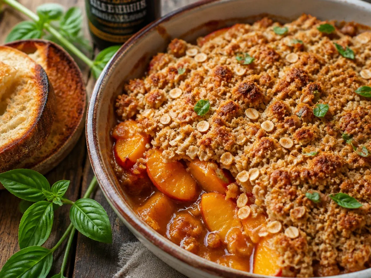 Best-ever peach oatmeal crisp drizzled with glossy bourbon caramel sauce