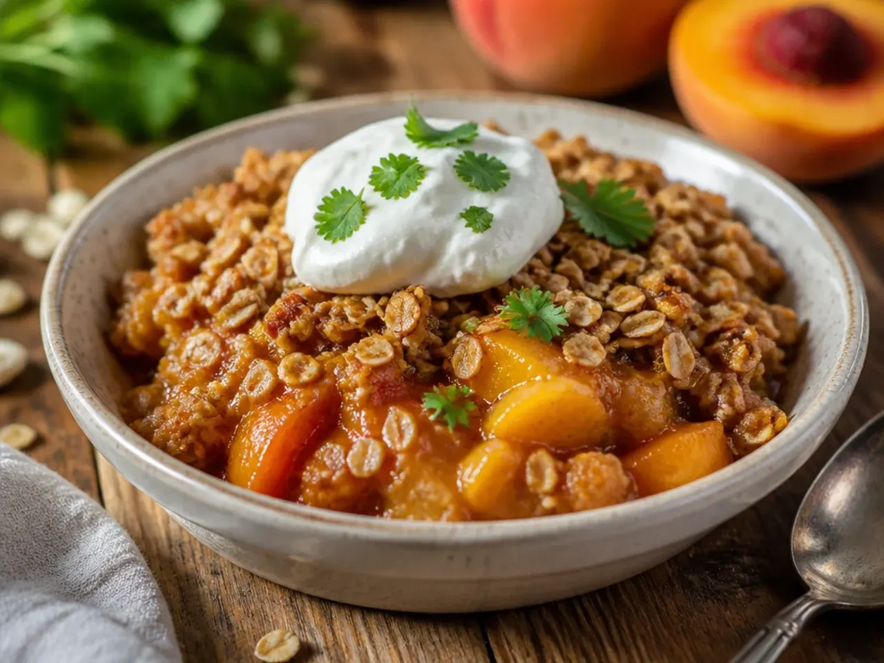 Single-serving peach oatmeal crisp in a mug ready for the microwave