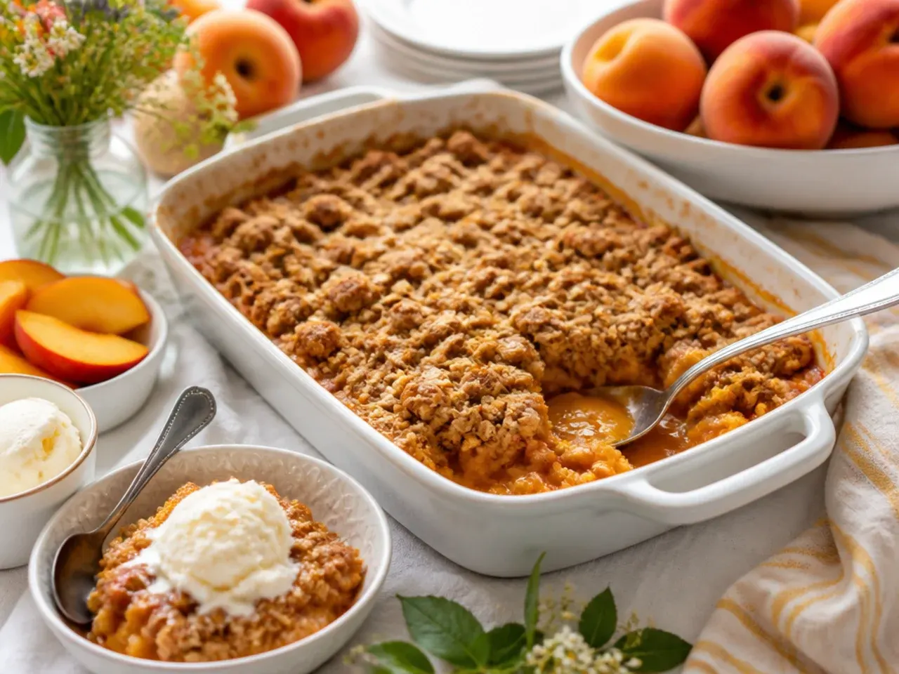 Bowl of warm peach oatmeal crisp topped with a scoop of melting vanilla ice cream
