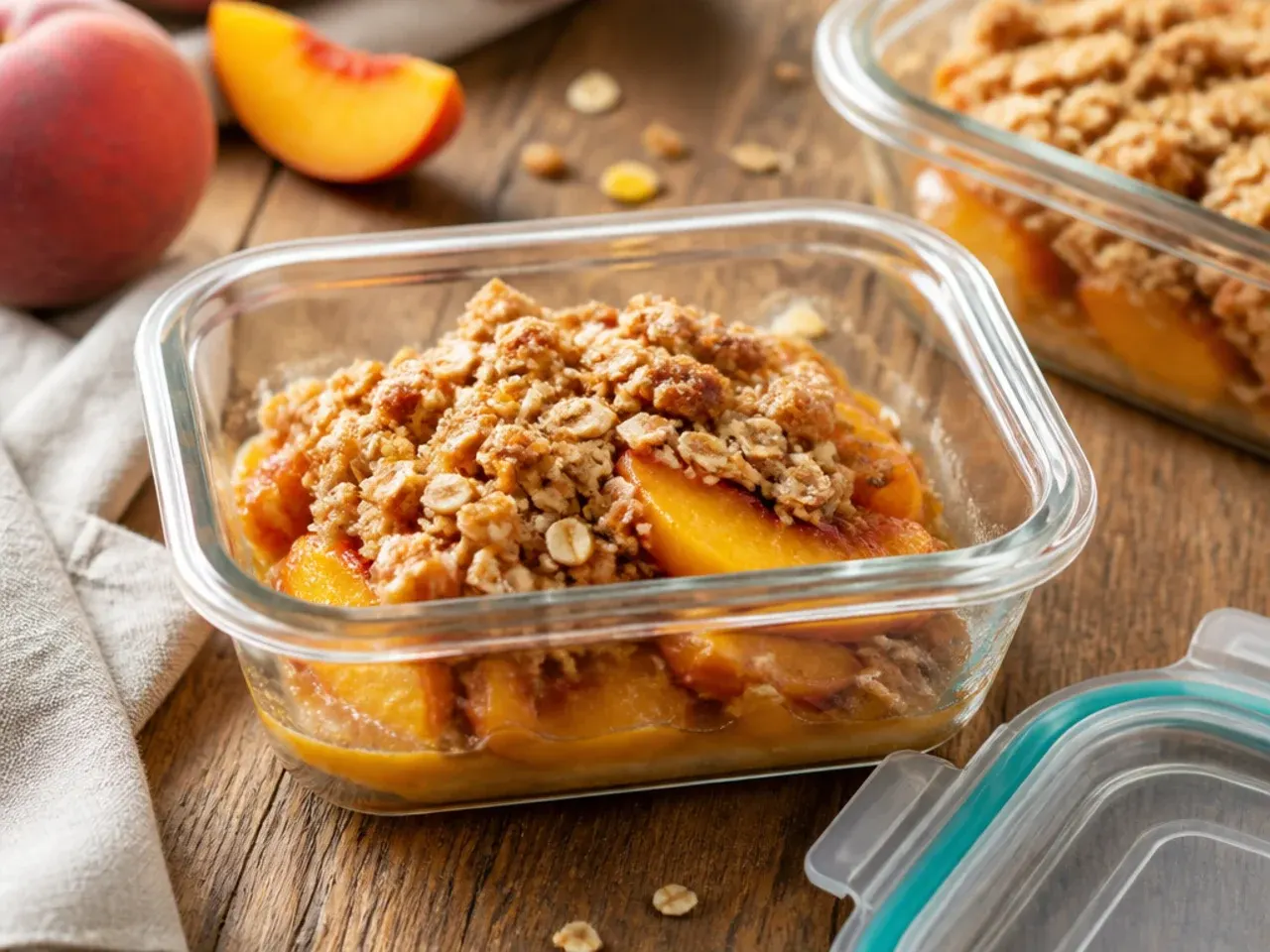 Leftover peach oatmeal crisp portioned into a storage container with a lid
