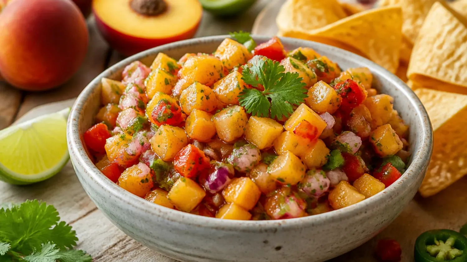 Overhead shot of fresh peach salsa in a white bowl with diced peaches, red onion, jalapeño and lime wedges, surrounded by tortilla chips
