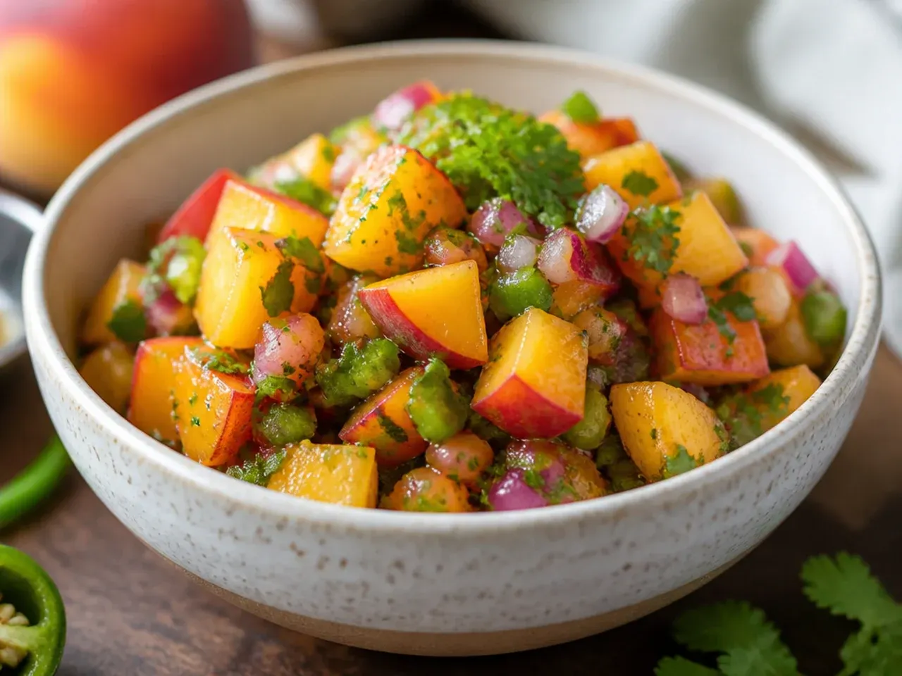Wide spread of ingredients for peach salsa including peaches, lime, jalapeño, cilantro and red onion on a wooden board