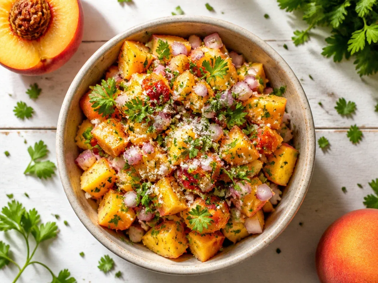 Bowl of classic diced peach salsa with tomato, red onion and cilantro, ready to serve