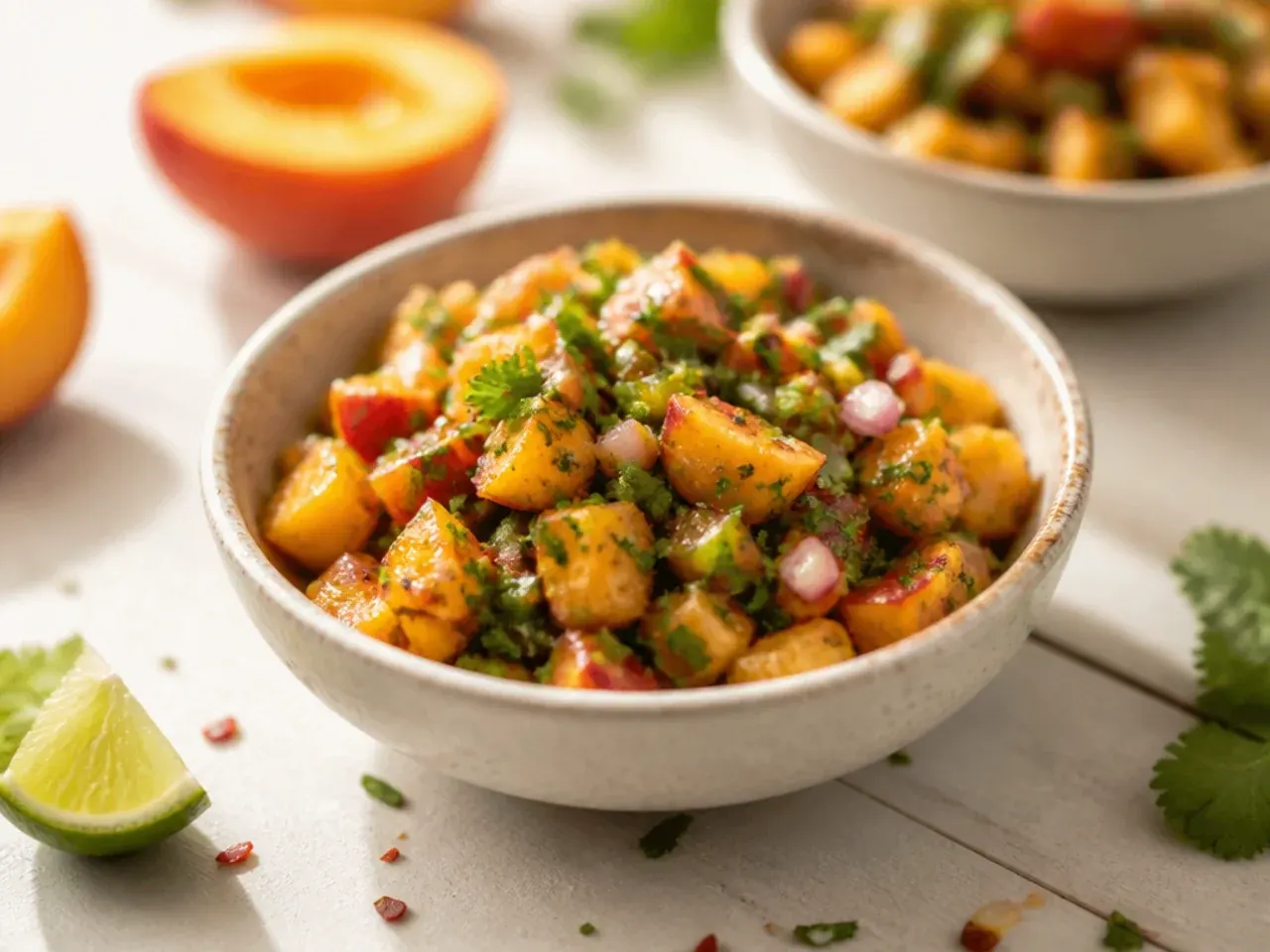 Food processor bowl filled with roughly chopped peach salsa mixture