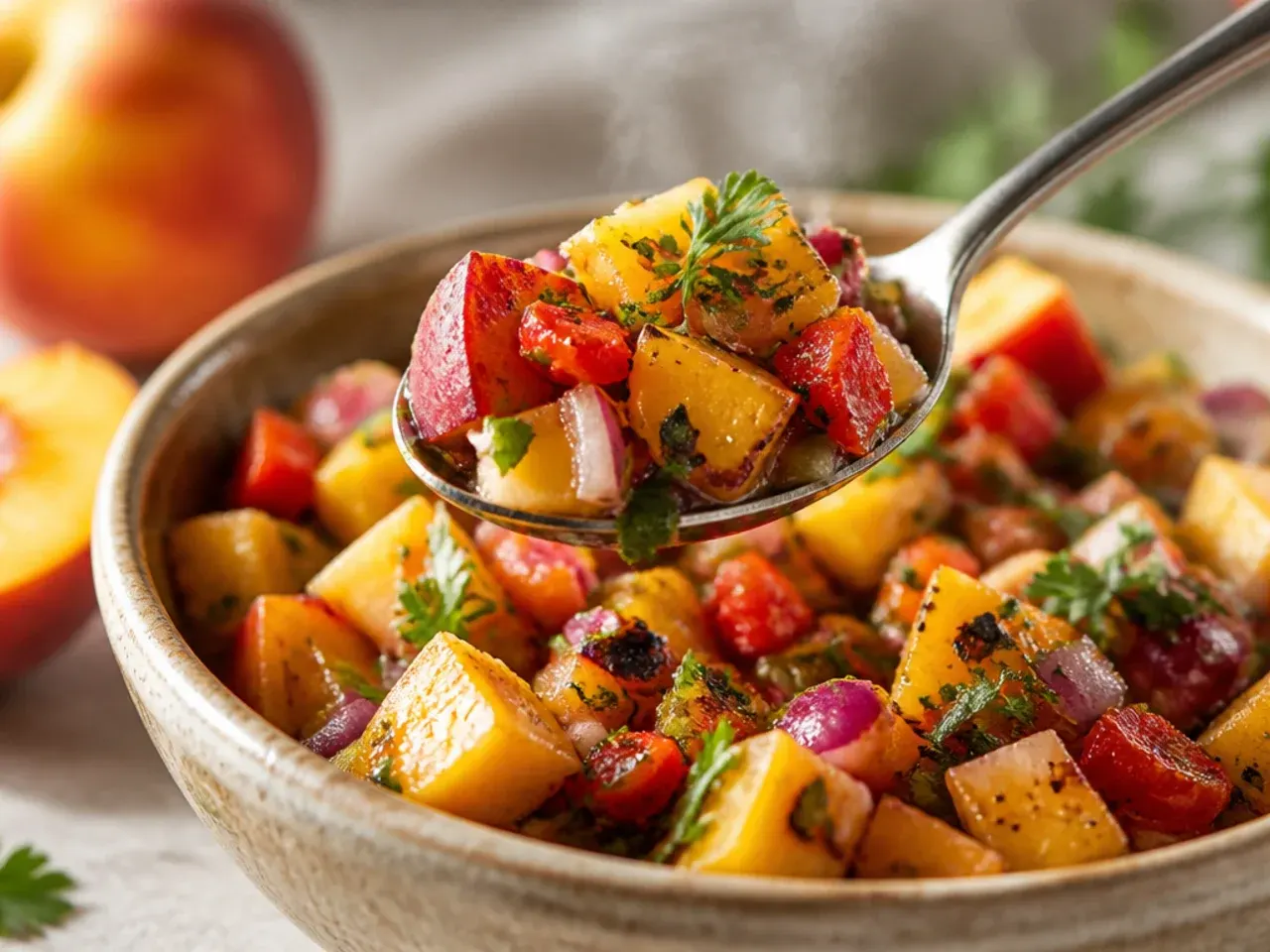 Close-up of peeled fresh peach halves and diced peach in a glass bowl with mint leaves