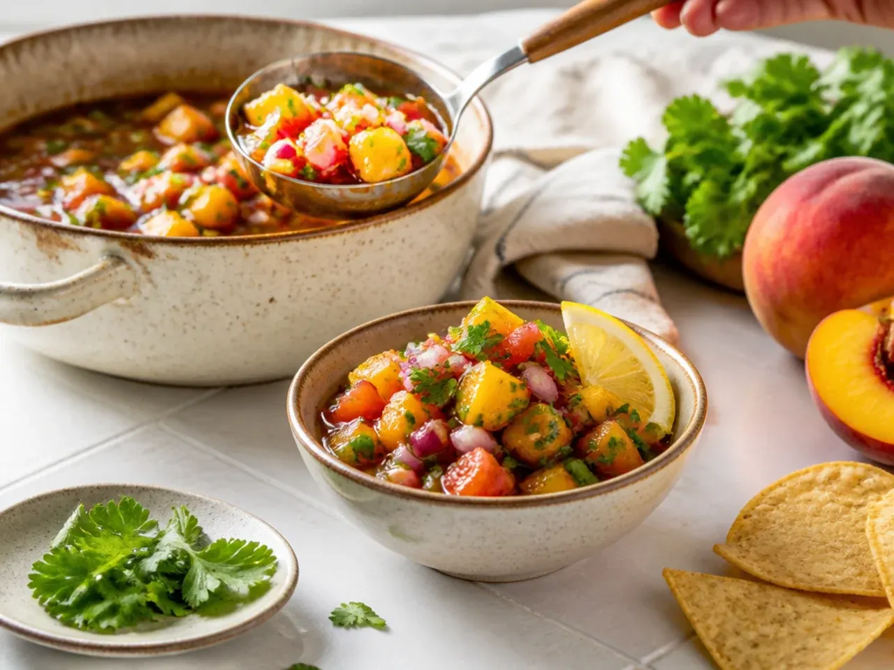 Peach salsa with visible flecks of smoked paprika and cumin in a rustic bowl
