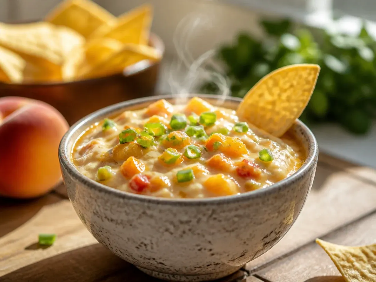 Creamy peach salsa with diced avocado folded through, served in a bowl with a lime wedge