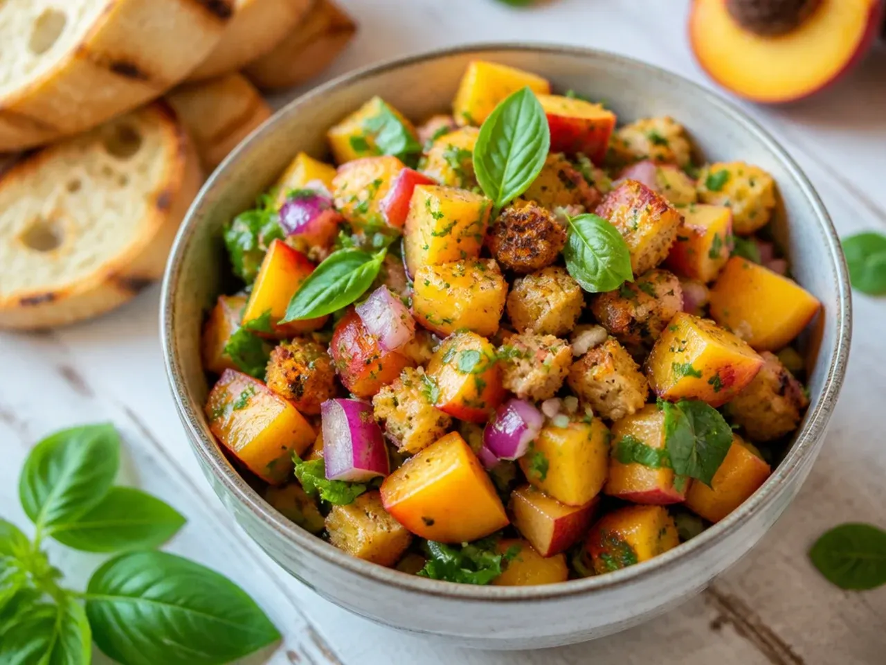 Minimalist bowl of simple peach and jalapeño salsa with a spoon resting in it