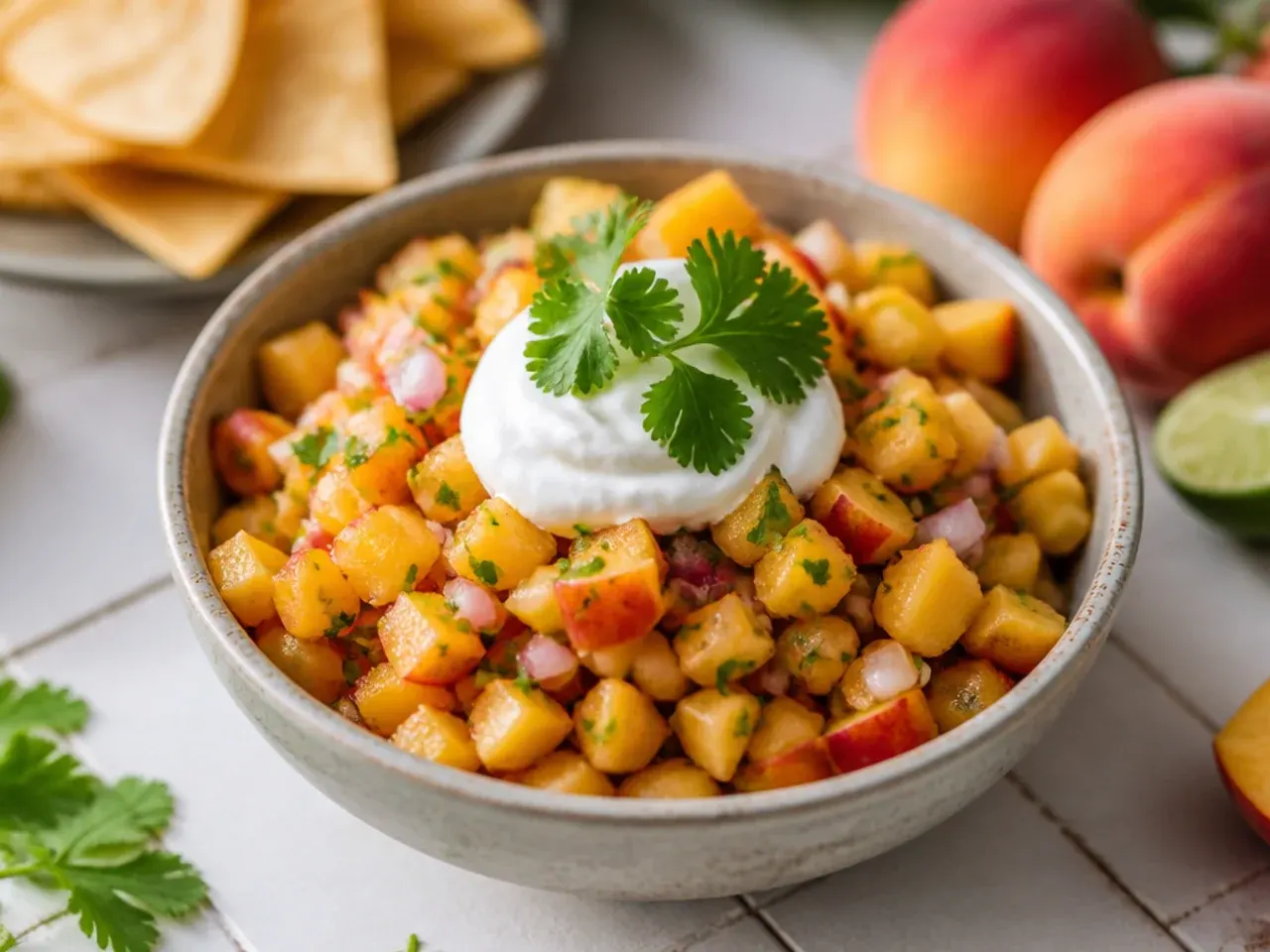 Vibrant peach salsa with lime zest and sliced habanero on top for extra heat