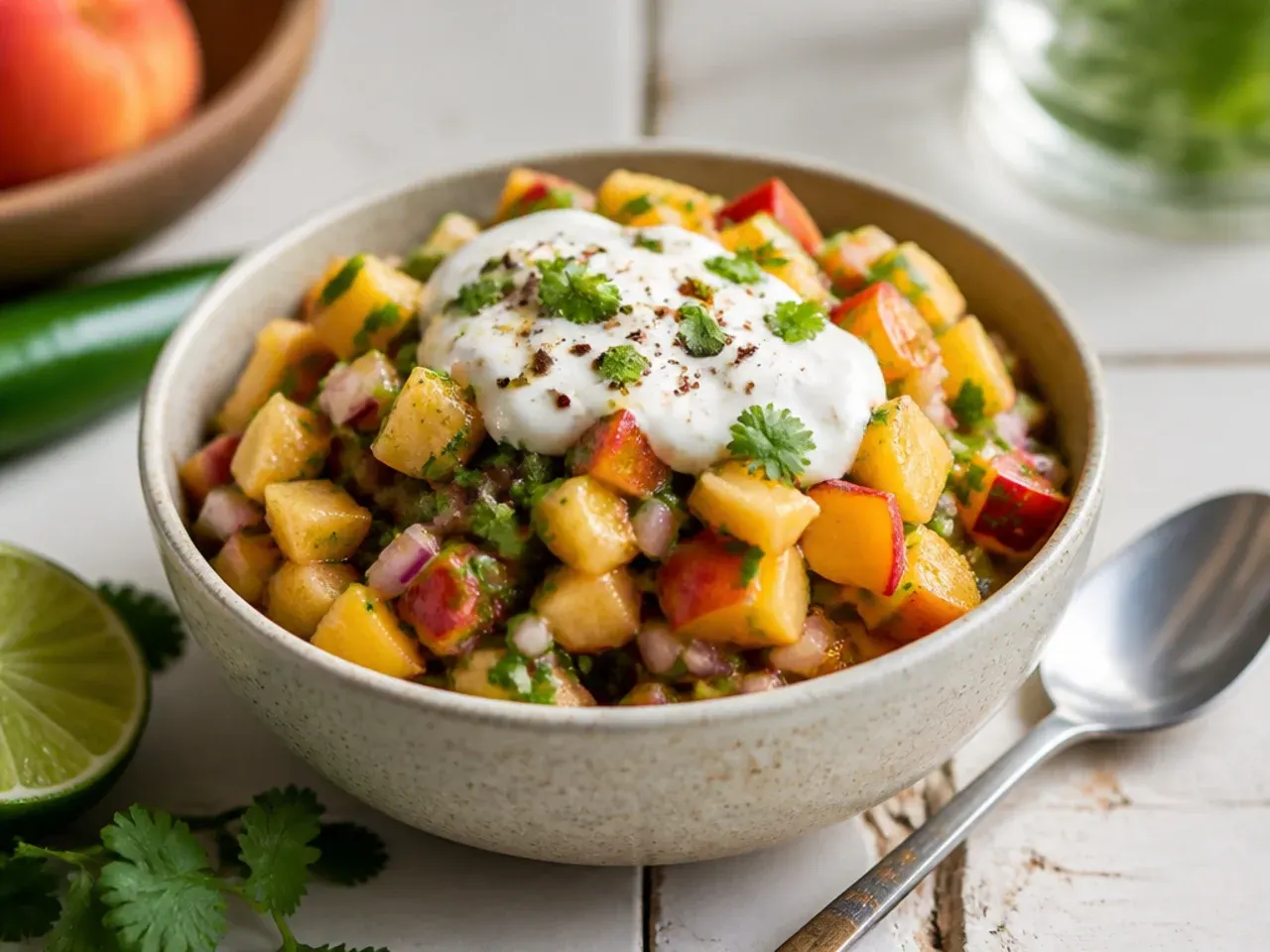 Peach and mango salsa in a bowl showing bright orange and yellow fruit pieces