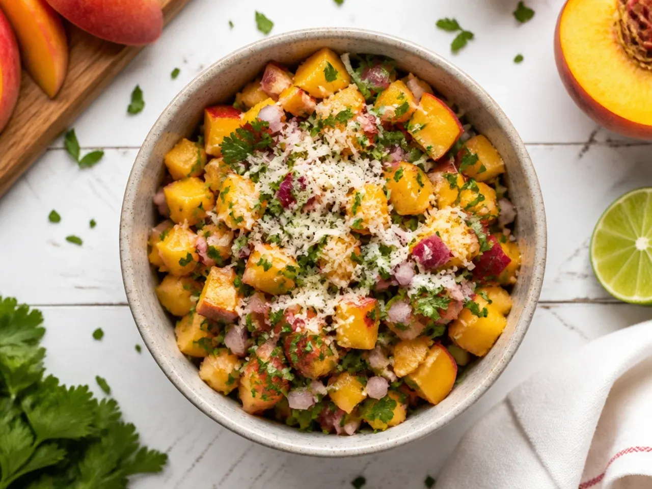 Tin of peach slices next to a bowl of diced canned peach salsa