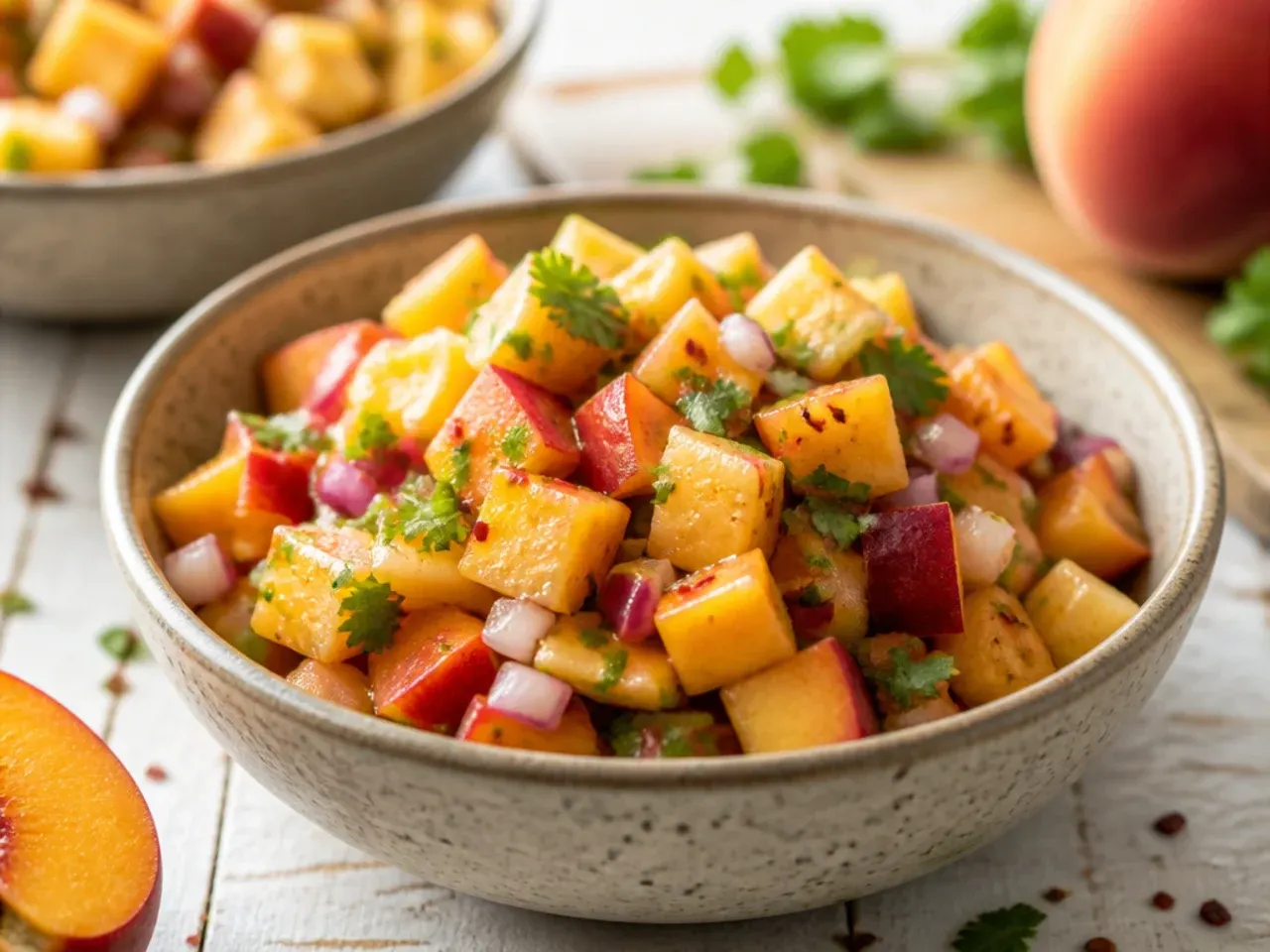 Quick peach salsa in a bowl next to pre-chopped supermarket peach packaging