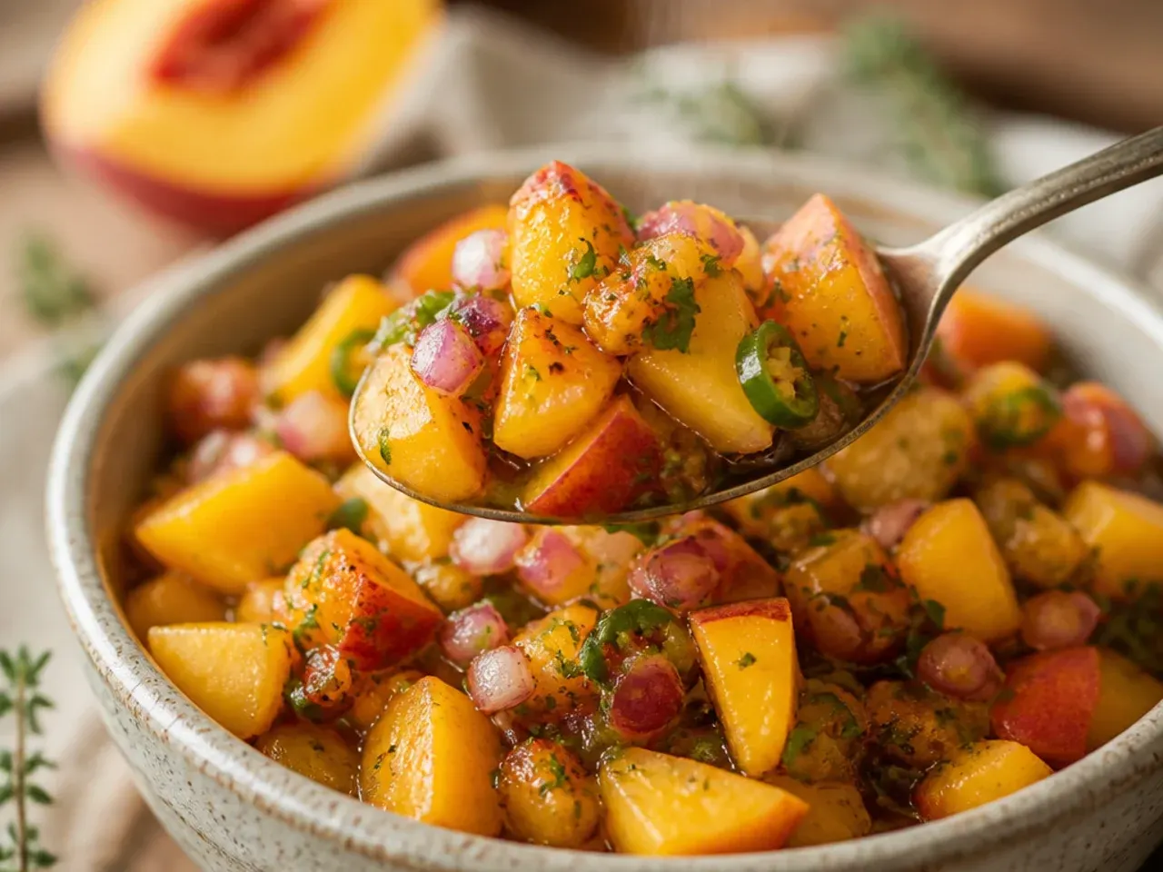 Grilled peach halves with char marks next to a bowl of rustic chunky salsa