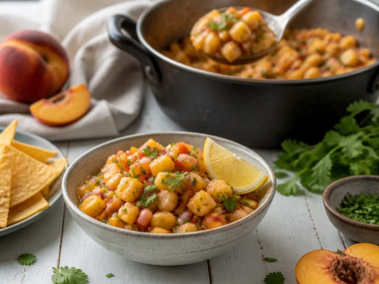 Loaded peach salsa with visible black beans, corn and red bell pepper in a large bowl