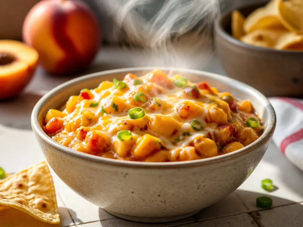 Mild peach salsa with diced red bell pepper instead of jalapeño, served with plain tortilla chips