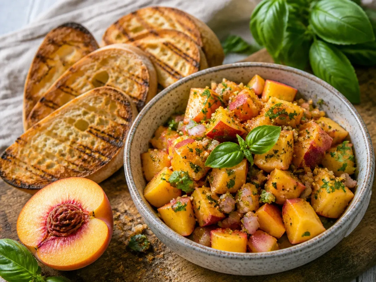 Roasted tomatoes and jalapeño alongside grilled peach pieces being combined into salsa