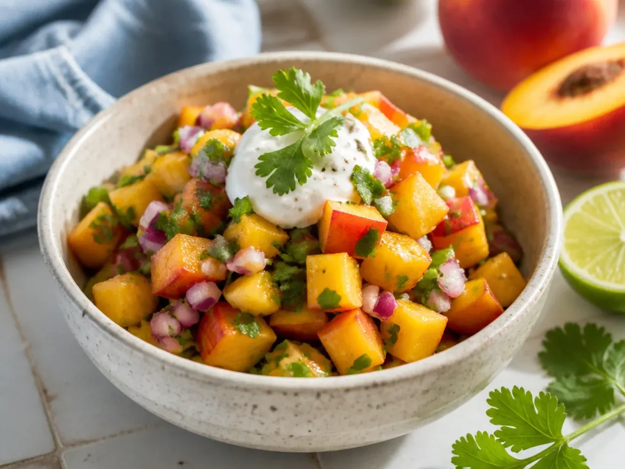 Jar of store-bought peach salsa being doctored up with fresh diced peach and lime