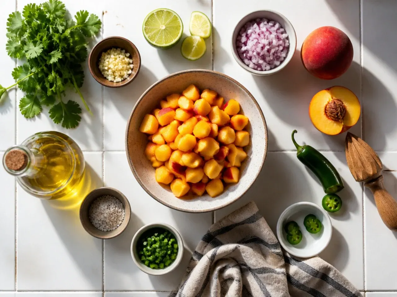 Close-up of hands dicing a peach on a chopping board with lime and salt nearby