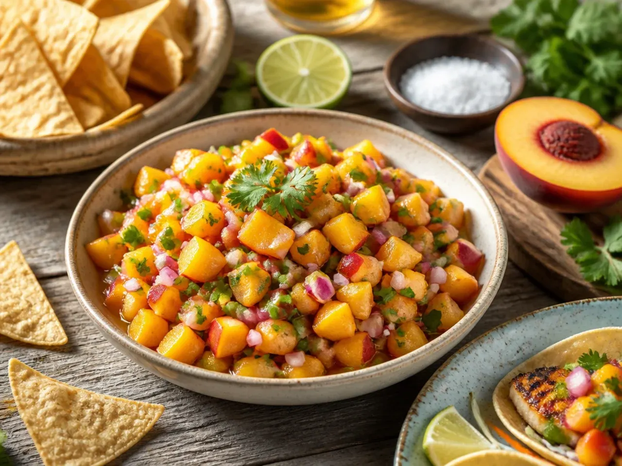 Grilled fish tacos topped with peach salsa on a serving platter